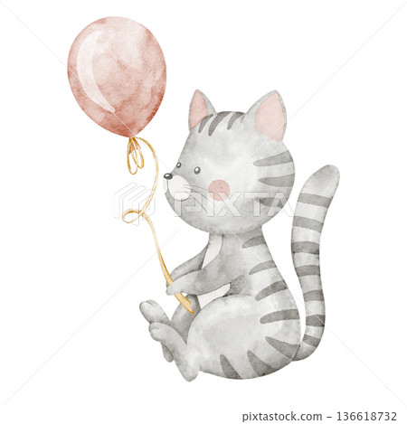 Watercolor Cat holding a Balloon in soft pastel colors. Cute Animal illustration for nursery poster, baby shower greeting cards or childish party invitations. Art of character for nursery posters. 136618732