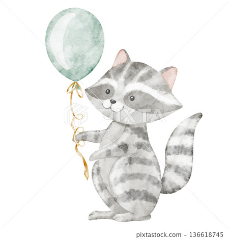 Watercolor Raccoon holding a balloon in gentle pastel colors. Woodland animal illustration for baby shower greeting cards or childish Birthday invitations. Art of character for nursery posters. Watercolor Raccoon holding a balloon in gentle pastel colors. Woodland animal illustration for baby shower greeting cards or childish Birthday invitations. Art of character for nursery posters. 136618745