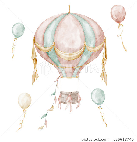 Watercolor hot air balloons in soft pastel colors. Cute illustration with aircraft for baby shower invitations or childish party greeting cards. Art for nursery posters or kids room design. Watercolor hot air balloons in soft pastel colors. Cute illustration with aircraft for baby shower invitations or childish party greeting cards. Art for nursery posters or kids room design. 136618746