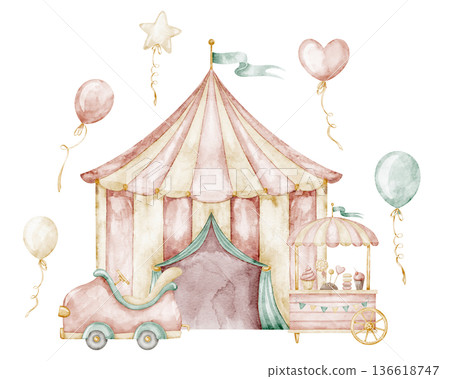 Watercolor Circus tent in soft pastel vintage style. Illustration of carnival element in fairground scene for nursery posters, childish party designs and nostalgic amusement park themes. Watercolor Circus tent in soft pastel vintage style. Illustration of carnival element in fairground scene for nursery posters, childish party designs and nostalgic amusement park themes. 136618747