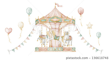 Classic Carousel with Horses watercolor illustration with balloons and garlands in pastel pink colors. Art of carnival merry go round in children style for nursery posters, baby invitations, cards. Classic Carousel with Horses watercolor illustration with balloons and garlands in pastel pink colors. Art of carnival merry go round in children style for nursery posters, baby invitations, cards. 136618748