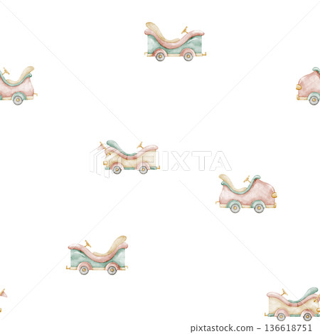Car watercolor seamless pattern in soft pastel colors. Cute background with vintage childish transport for nursery wallpaper, kids design, textiles, wrapping paper and party decor. Car watercolor seamless pattern in soft pastel colors. Cute background with vintage childish transport for nursery wallpaper, kids design, textiles, wrapping paper and party decor. 136618751