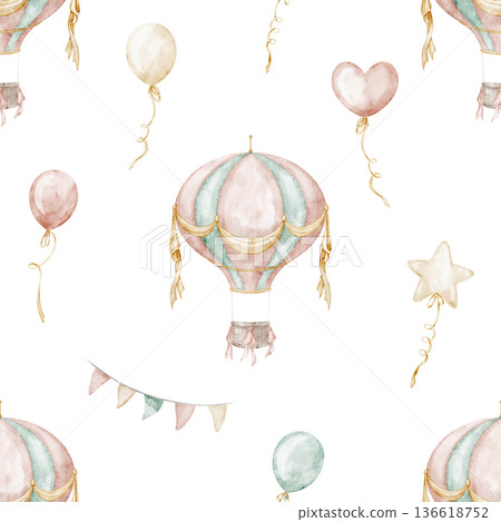 Balloons seamless watercolor pattern with garlands and carnival details in soft pastel colors. Background for nursery wallpaper, baby textiles, party backdrop and gift wrapping. Art for bed linen. Balloons seamless watercolor pattern with garlands and carnival details in soft pastel colors. Background for nursery wallpaper, baby textiles, party backdrop and gift wrapping. Art for bed linen. 136618752
