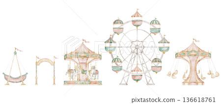 Watercolor border with Amusement park attractions including carousel, Ferris wheel, swing ride and entrance arch. Seamless pattern in gentle pastel style for nursery banners, kids party design. 136618761