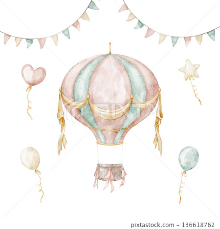 Watercolor hot air Balloon with garlands and flags in soft pastel colors. Festive illustration for nursery posters, baby shower invitations, childish party greeting cards and celebration projects. Watercolor hot air Balloon with garlands and flags in soft pastel colors. Festive illustration for nursery posters, baby shower invitations, childish party greeting cards and celebration projects. 136618762