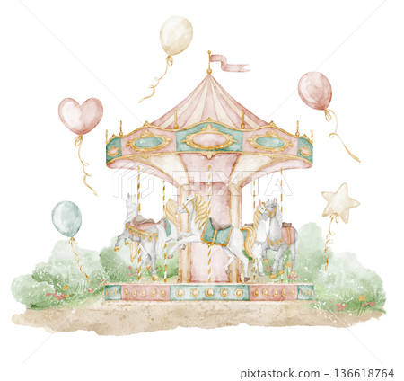 Watercolor carousel illustration with horses in pastel vintage style. Amusement park art for children projects, nursery posters, party designs and fairground scenes. Art of merry go round for baby. Watercolor carousel illustration with horses in pastel vintage style. Amusement park art for children projects, nursery posters, party designs and fairground scenes. Art of merry go round for baby. 136618764