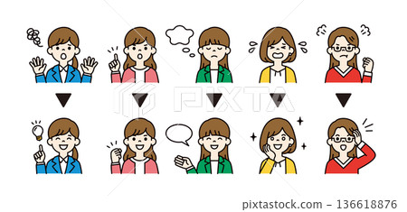 Simple facial expression and pose icon illustration material set of a young female employee who is worried or resolving trouble 136618876