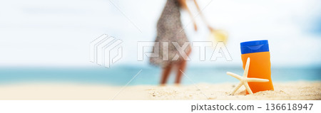 Banner Sunscreen lotion protect woman skin under sunlight burn uv spf moisturizer on summer outdoor beach. Banner Cosmetic sunblock water resistant tanning for woman sunscreen lotion with copy space Banner Sunscreen lotion protect woman skin under sunlight burn uv spf moisturizer on summer outdoor beach. Banner Cosmetic sunblock water resistant tanning for woman sunscreen lotion with copy space 136618947