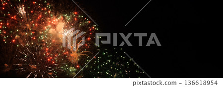 Banner Red Firework celebrate anniversary happy new year 2024 4th of july holiday festival. Banner red firework night time celebrate national holiday. Countdown new year 2025 festival with copy space 136618954