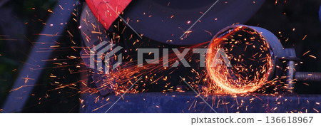 Banner Men hands wear protective glove Hot flame metal work cut fire iron workshop. Locksmith cut metal process. Construction Worker hands using Welding machinery iron metal sparking with copy space Banner Men hands wear protective glove Hot flame metal work cut fire iron workshop. Locksmith cut metal process. Construction Worker hands using Welding machinery iron metal sparking with copy space 136618967