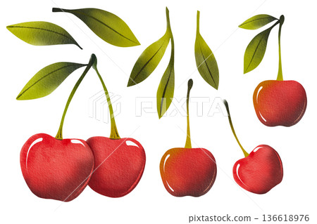 Hand-drawn set of fresh ripe cherries with green leaves. Simple watercolor illustration of red berries. Hand-drawn set of fresh ripe cherries with green leaves. Simple watercolor illustration of red berries. 136618976