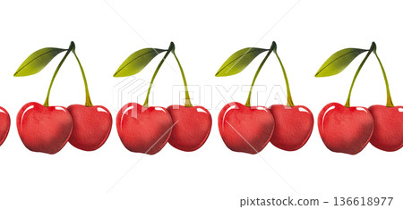 Seamless border with paired cherries and green leaves. Simple watercolor illustration of red berries. Seamless border with paired cherries and green leaves. Simple watercolor illustration of red berries. 136618977
