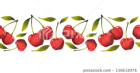 Seamless border with cherries and green leaves. Simple watercolor illustration of red berries. Seamless border with cherries and green leaves. Simple watercolor illustration of red berries. 136618978