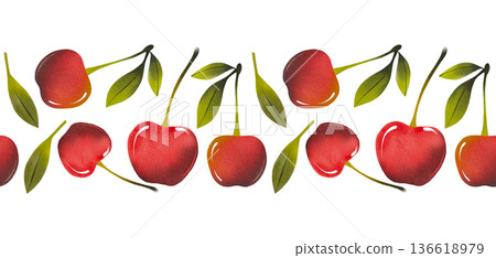 Seamless border with red cherries and green leaves. Simple watercolor illustration of berries. Seamless border with red cherries and green leaves. Simple watercolor illustration of berries. 136618979