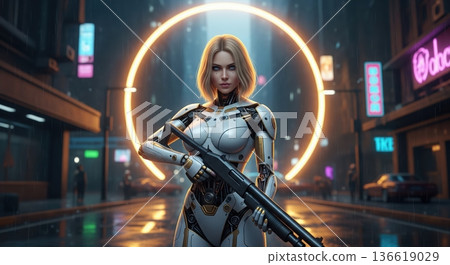 Android Warrior with Shotgun Standing in a Rainy Neon Cyberpunk City Street 136619029