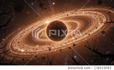 Black Sphere Surrounded by Glowing Orbital Rings and Floating Space Debris 136619095