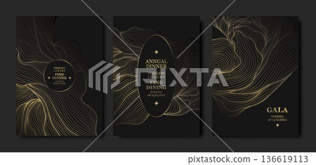 Luxury black background, elegant gold floral line pattern, abstract waves. Premium vector design for gala dinners, wedding invitations, birthday cards, menus, hotel events, award ceremonies. 136619113