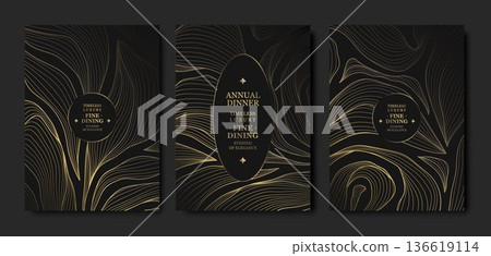 Luxury black background, elegant gold floral line pattern, abstract waves. Premium vector design for gala dinners, wedding invitations, birthday cards, menus, hotel events, award ceremonies. 136619114