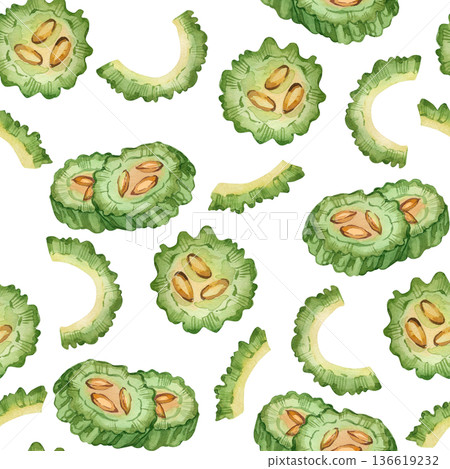Slices and pieces of bitter melon in a seamless watercolor pattern. Hand-painted watercolor on a white background. Healthy eating concept for fabric, textile, wallpaper, and background design. Slices and pieces of bitter melon in a seamless watercolor pattern. Hand-painted watercolor on a white background. Healthy eating concept for fabric, textile, wallpaper, and background design. 136619232