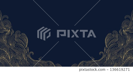 Premium black and gold background, elegant abstract waves and shining light effects. Luxury vector template for award ceremonies, anniversaries, corporate events, glamorous night celebrations. 136619271