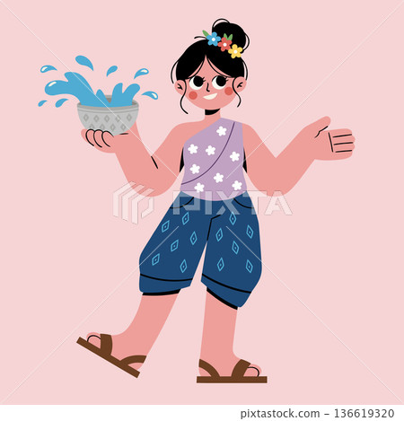 Happy young woman enjoying songkran festival, throwing water and smiling, traditional thai celebration vector art Happy young woman enjoying songkran festival, throwing water and smiling, traditional thai celebration vector art 136619320