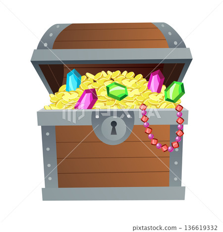 Treasure gold coins. Chest full of shiny royal gold and gemstones. Gold treasure, shiny savings, golden coins isolated on white background. Vector cartoon icon 136619332