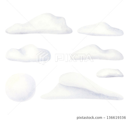 White snowdrifts and snowball watercolor illustration set. Hand drawn snow hills or clouds elements for winter landscape designs and Christmas greetings. North wintertime nature isolated clip art 136619336