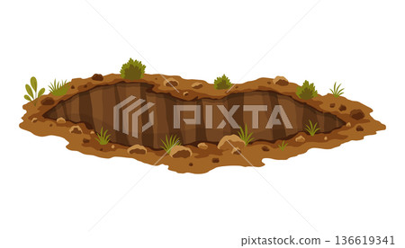 Hole ground. Works digging of sand coal waste rock or gravel. Brown, dry mine element of landscape. Cartoon illustration Hole ground. Works digging of sand coal waste rock or gravel. Brown, dry mine element of landscape. Cartoon illustration 136619341