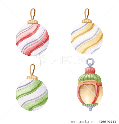 Watercolor Christmas baubles illustration set isolated on white. Hand drawn ornaments, striped tree toys in pastel yellow, red and green colors. New Year hanging balls and lantern clip art Watercolor Christmas baubles illustration set isolated on white. Hand drawn ornaments, striped tree toys in pastel yellow, red and green colors. New Year hanging balls and lantern clip art 136619343