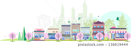 Panoramic background illustration of a spring cityscape with rows of cherry blossom trees in full bloom and urban buildings 136619444