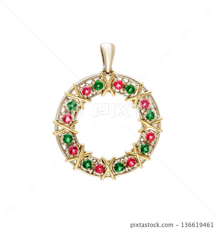 Gold circular pendant with red and green gemstones, isolated on white 136619461
