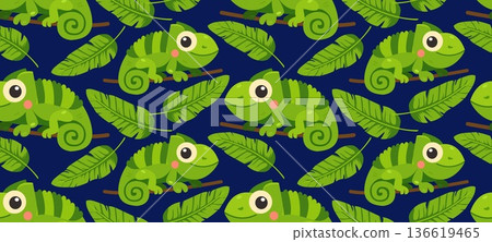 Cute green chameleon and tropical leaf seamless pattern on dark blue background Cute green chameleon and tropical leaf seamless pattern on dark blue background 136619465