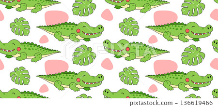 Cute crocodile and monstera leaf seamless pattern with pink spots for nursery Cute crocodile and monstera leaf seamless pattern with pink spots for nursery 136619466