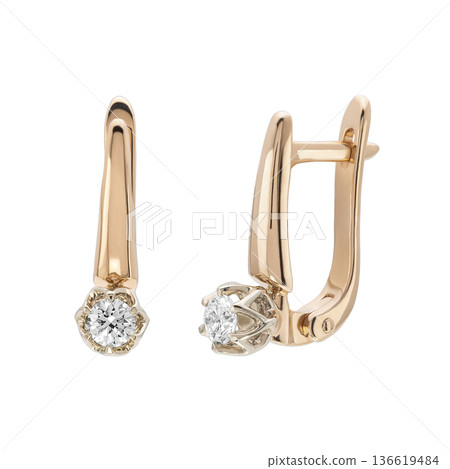 Rose gold diamond drop earrings with leverback clasp, isolated on white Rose gold diamond drop earrings with leverback clasp, isolated on white 136619484