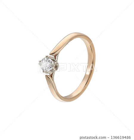 Modern rose gold open solitaire diamond ring, minimalist design, isolated on white Modern rose gold open solitaire diamond ring, minimalist design, isolated on white 136619486