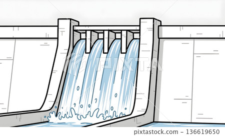 Modern concrete hydroelectric dam with water spillway and white background 136619650