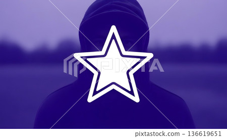 White star icon with bold outline on blurred hooded figure background 136619651