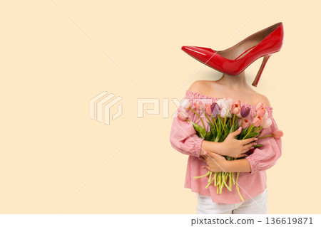 Woman with bouquet and with a heel instead head Woman with bouquet and with a heel instead head 136619871