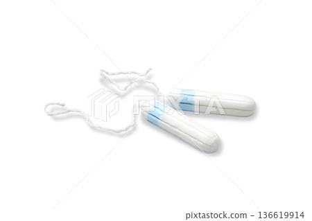 Two tampons laid out for menstrual care and hygiene, isolated, PNG 136619914