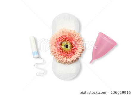 Tampon and menstrual cup with a flower on a pad, isolated, PNG Tampon and menstrual cup with a flower on a pad, isolated, PNG 136619916