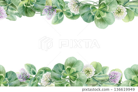 White and lilac clover flowers and leaves in double border template,symbolizing bloom,new life,and luck for newlyweds.Soft watercolor for wedding,invites,joyful seasonal festive of St Patricks Day White and lilac clover flowers and leaves in double border template,symbolizing bloom,new life,and luck for newlyweds.Soft watercolor for wedding,invites,joyful seasonal festive of St Patricks Day 136619949