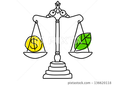 平衡環境與經濟：ESG投資，天平上的一片葉子與一枚硬幣 136620118