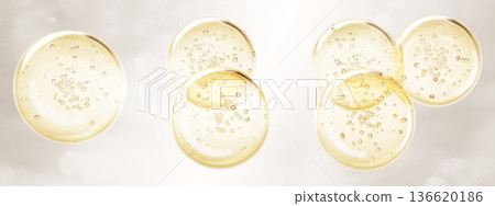 Golden oil drop texture with bubble 3d render icon set. Yellow liquid collagen gel sphere, gold serum circle stain top view. Keratin cosmetic fluid puddle on light beige background. 3D illustration 136620186
