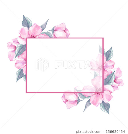 Hand drawn watercolor illustration of floral frame with elegant pink flowers and leaves. Botanical border with copy space for wedding invitations, greeting cards, or spring stationery design. 136620434