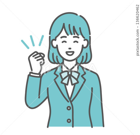 Illustration of a teenage woman or female student cheering and making a fist pump (smile, uniform, upper body) 136620462