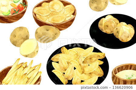 各種馬鈴薯菜餚的背景圖。手繪水彩插圖，描繪了烹飪和食物的場景。 136620906