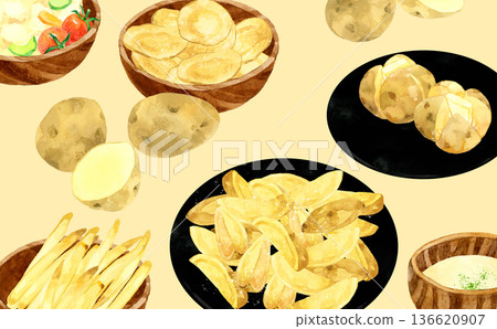 Background of various potato dishes. Hand-drawn watercolor illustrations of cooking and food. Background of various potato dishes. Hand-drawn watercolor illustrations of cooking and food. 136620907