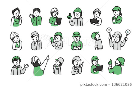 Illustration icon set of skilled workers such as electrical work, plumbing, welding, construction, auto repair, and laborers 136621086