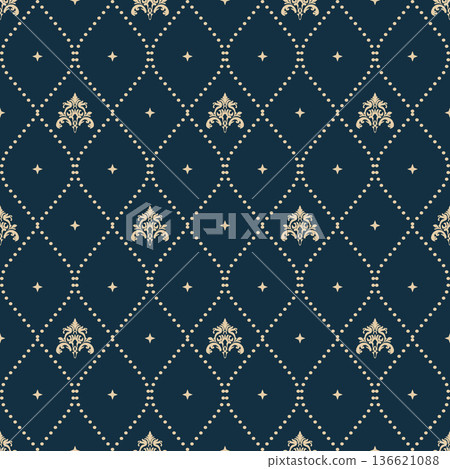 Luxury Navy Blue and Gold Damask Geometric Diamond Seamless Pattern 136621088