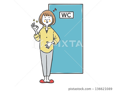 A woman feeling refreshed in the toilet, whole body, vector 136621089